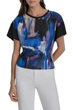 DKNY Chiffon Sleeve Knit Top Blue Brush Multi Size S 3245